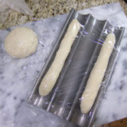 Two baguettes and a boule shaped from the dough and ready for another 1 1/2 hour rise.