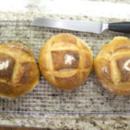 Out of the oven they all appear equivalent. W, K and G flour stencils still legible.