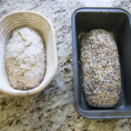 Banneton and sandwich loaves, pre-proof.
